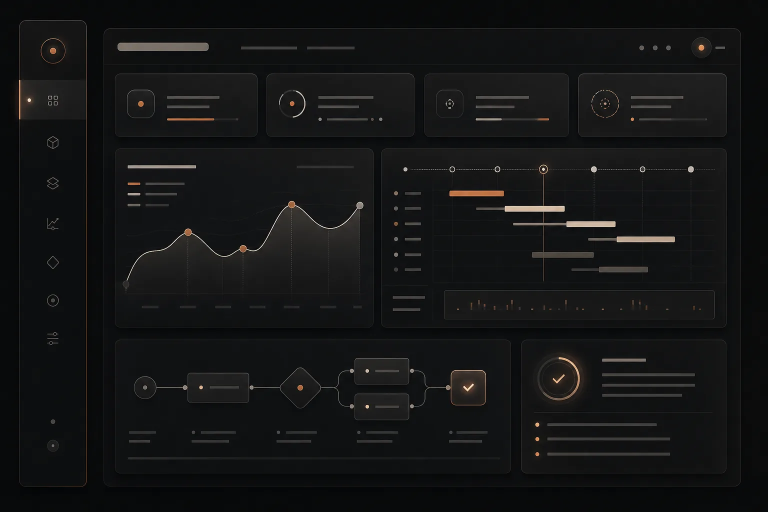 Interface sombre d’une application métier réunissant tableaux de bord, planning, flux et validation.